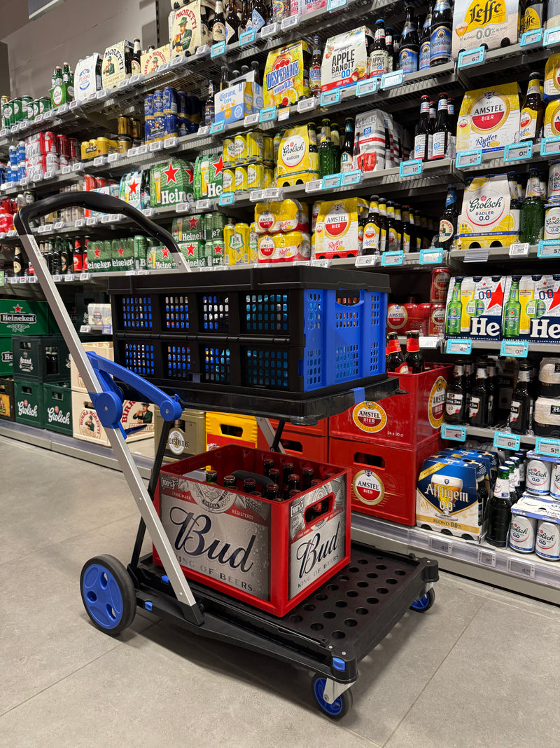 Foldable Trolley - Collapsible Utility Cart with 75 kg Capacity, Adjustable Handle, Durable Wheels, Includes 1 Crate